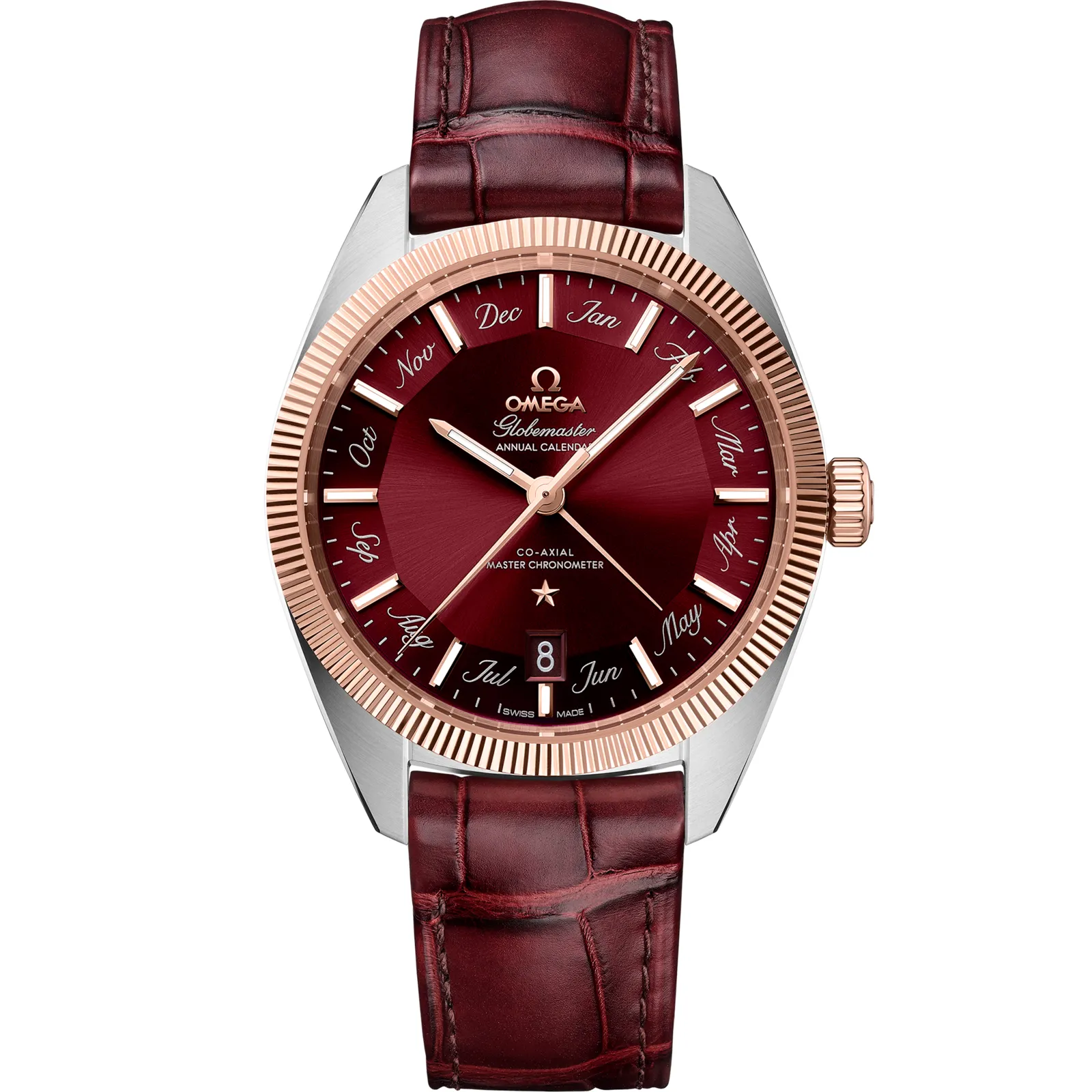 Omega Globemaster Annual Calendar 130.23.41.22, reference 130.23.41.22.11.001, red dial, stainless steel and rose gold case