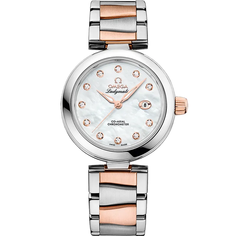 Omega LadyMatic Co-Axial 34 425.20.34.20, reference 425.20.34.20.55.004, white dial, stainless steel and rose gold case