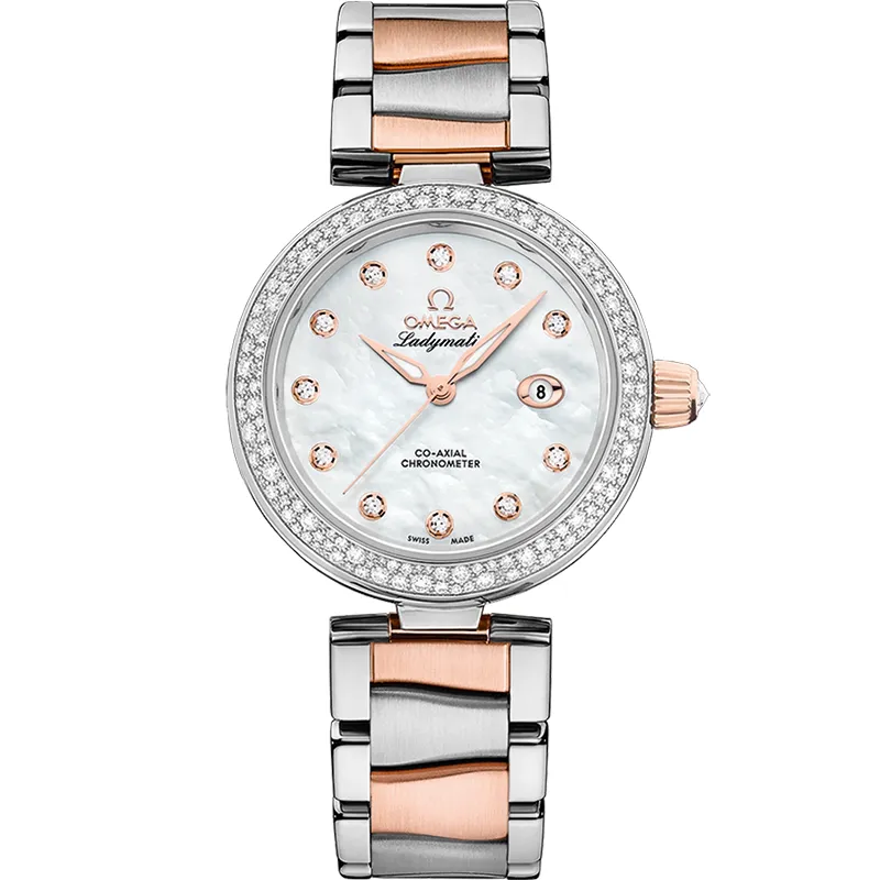Omega LadyMatic Co-Axial 34 425.25.34.20, reference 425.25.34.20.55.004, white dial, stainless steel and rose gold case