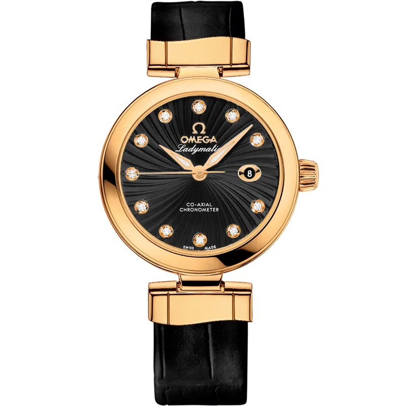 Omega LadyMatic Co-Axial 34 425.63.34.20, reference 425.63.34.20.51.002, black dial, yellow gold case