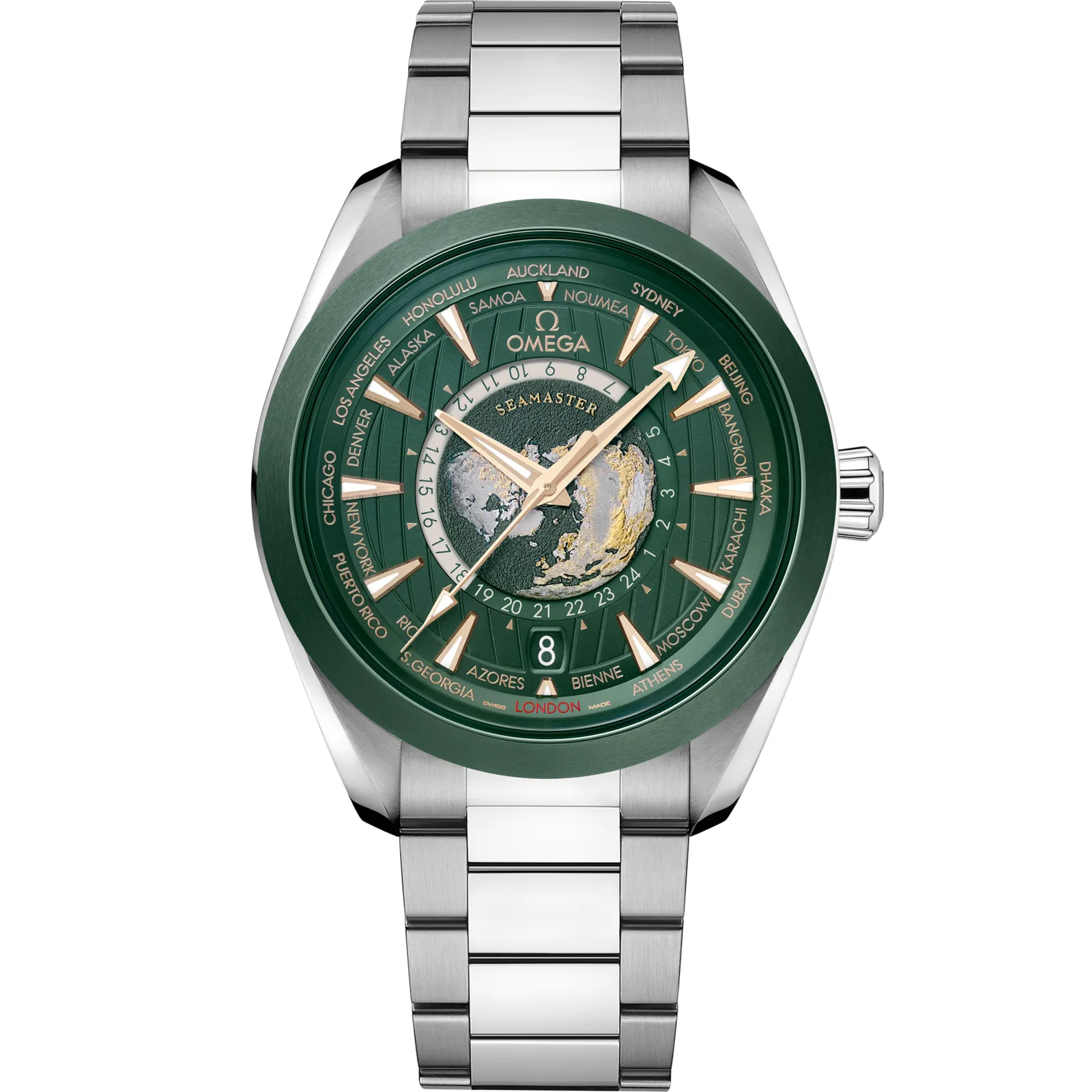 Omega Seamaster Aqua Terra 150M Master Chronometer 43 Worldtimer Stainless 220.30.43.22, reference 220.30.43.22.10.001, green dial, stainless steel case