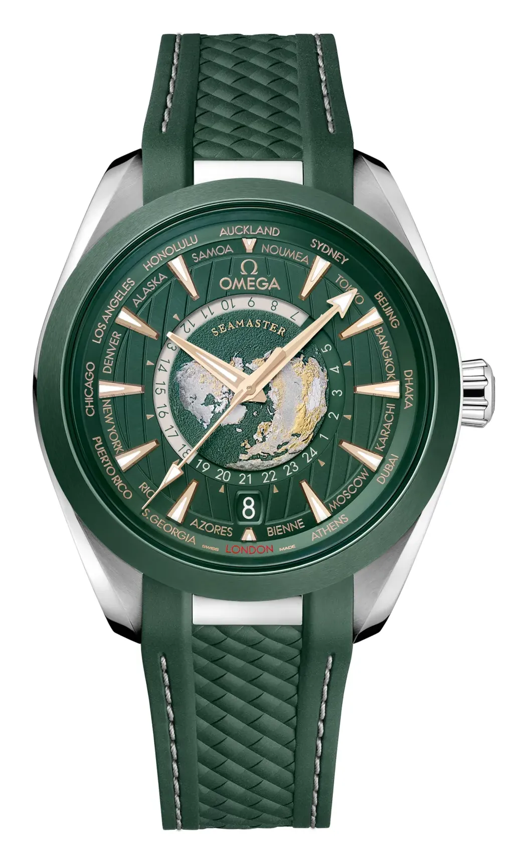 Omega Seamaster Aqua Terra 150M Master Chronometer 43 Worldtimer Stainless 220.32.43.22, reference 220.32.43.22.10.001, green dial, stainless steel case