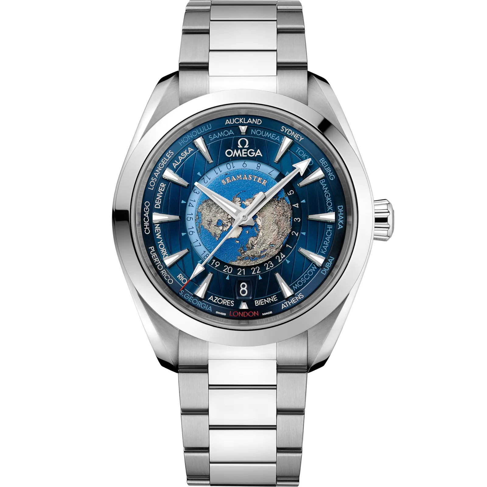 Omega Seamaster Aqua Terra 150M Master Chronometer 43 Worldtimer 220.10.43.22, reference 220.10.43.22.03.001, blue dial, stainless steel case