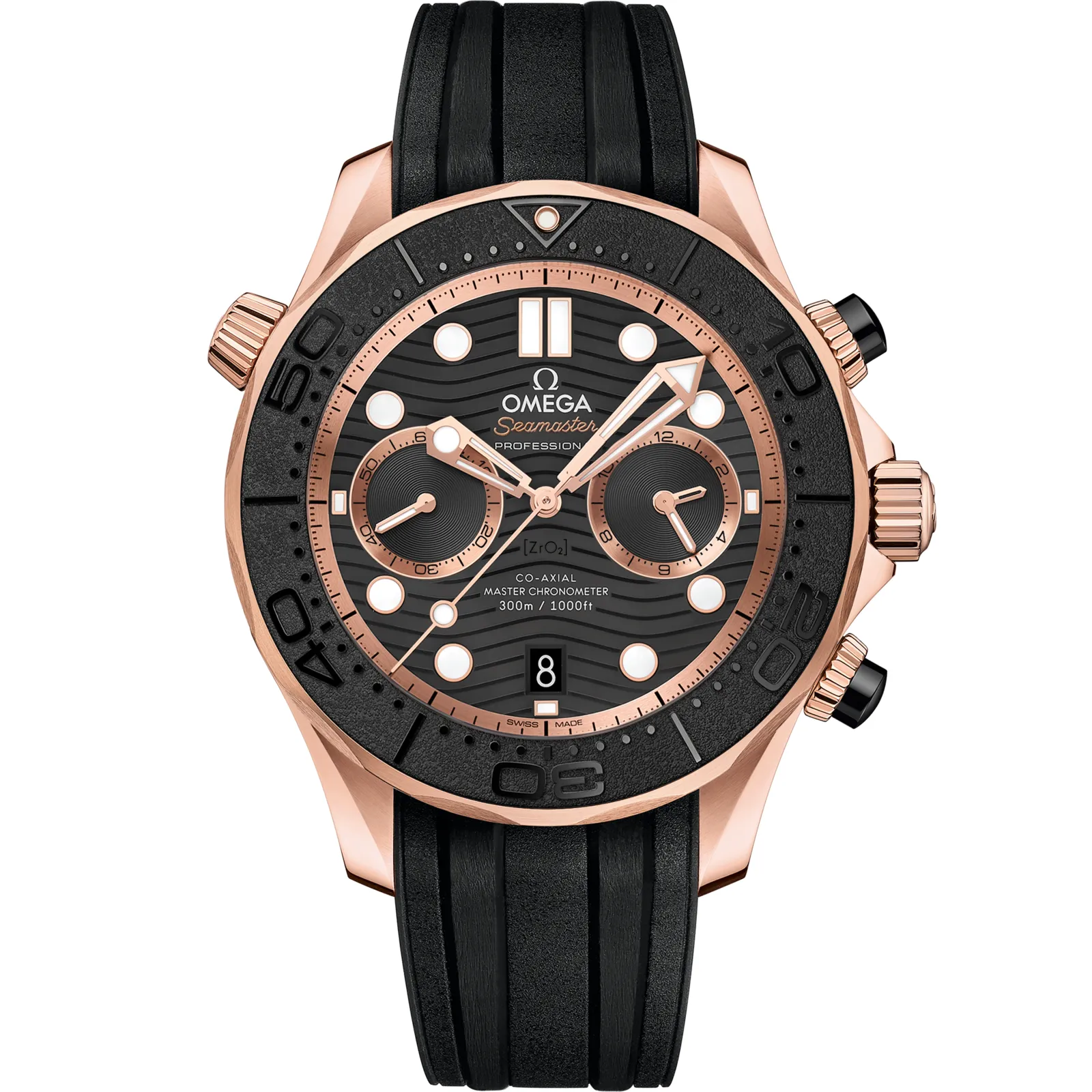 Omega Seamaster Diver 300M Master Co-Axial Chronograph 44, reference 210.62.44.51.01.001, black dial, rose gold case