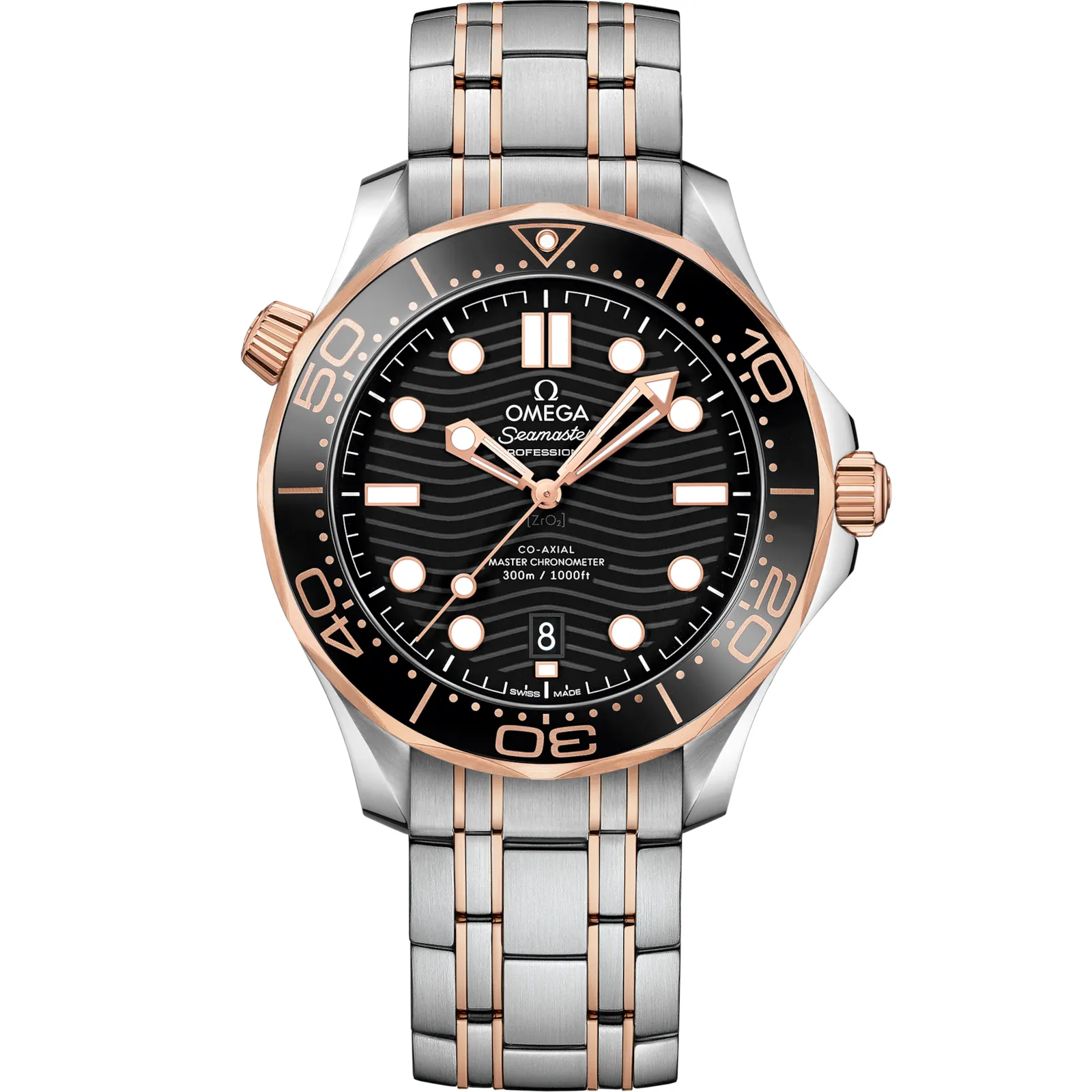 Omega Seamaster Diver 300M Master Co-Axial 42 210.20.42.20, reference 210.20.42.20.01.001, black dial, stainless steel and rose gold case