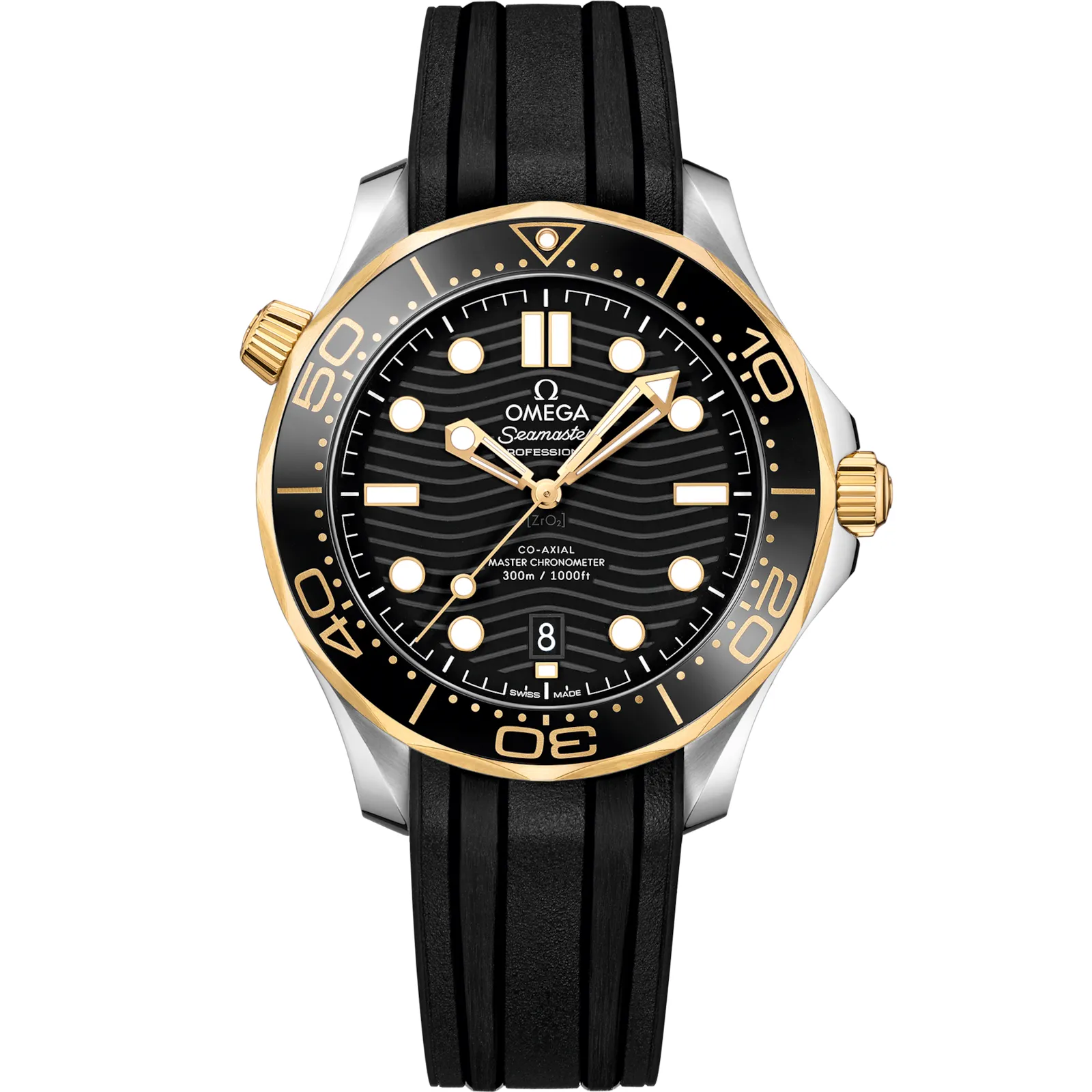 Omega Seamaster Diver 300M Master Co-Axial 42 210.22.42.20, reference 210.22.42.20.01.001, black dial, stainless steel and yellow gold case
