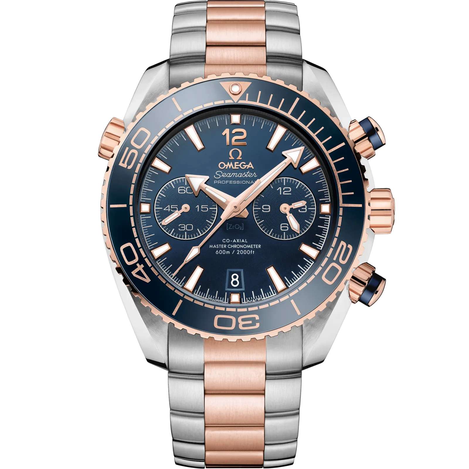 Omega Seamaster Planet Ocean 600M Co-Axial 45.5 Master Chronometer Chronograph 215.20.46.51, reference 215.20.46.51.03.001, blue dial, stainless steel and rose gold case