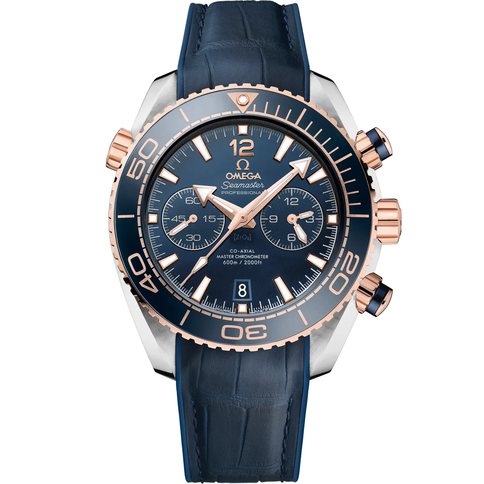Omega Seamaster Planet Ocean 600M Co-Axial 45.5 Master Chronometer Chronograph 215.23.46.51, reference 215.23.46.51.03.001, blue dial, stainless steel and rose gold case