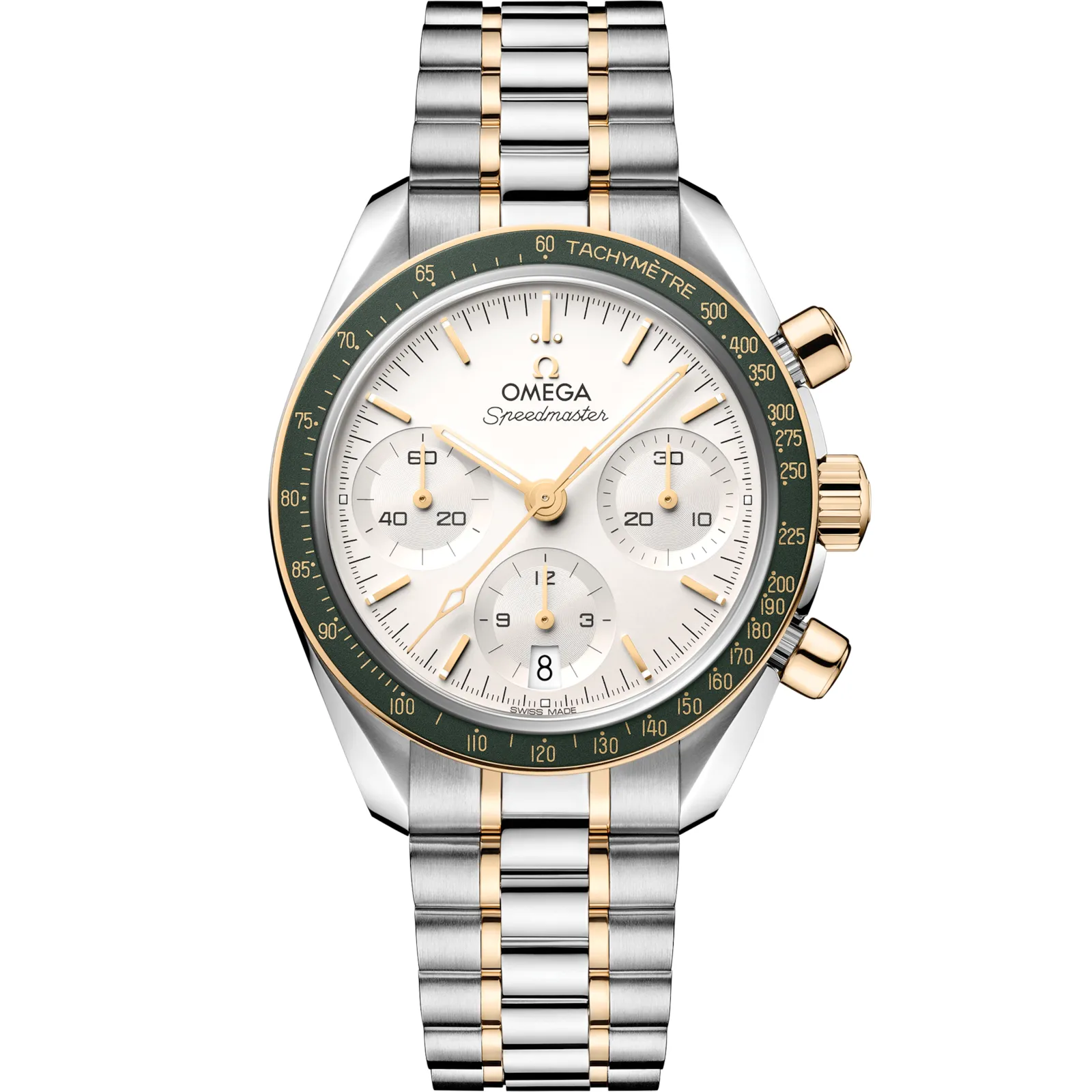 Omega Speedmaster 38 Stainless 324.20.38.50, reference 324.20.38.50.02.001, silver dial, stainless steel and yellow gold case