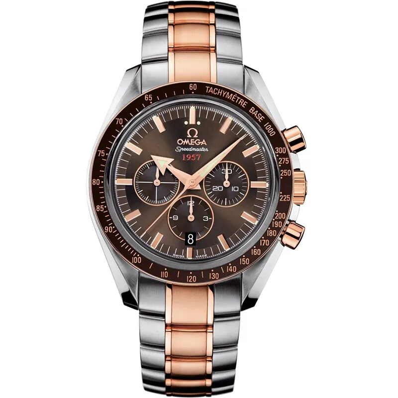 Omega Speedmaster Broad Arrow 1957 321.90.42.50, reference 321.90.42.50.13.001, brown dial, stainless steel and rose gold case