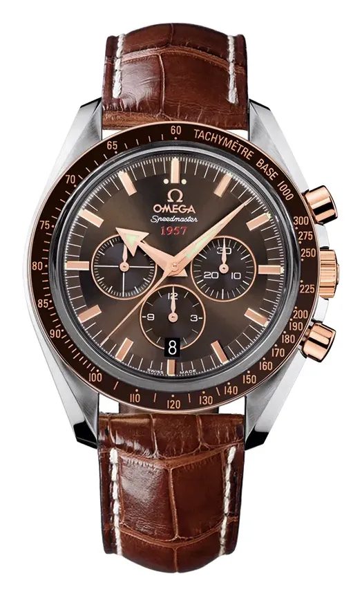Omega Speedmaster Broad Arrow 1957 321.93.42.50, reference 321.93.42.50.13.001, brown dial, stainless steel and rose gold case