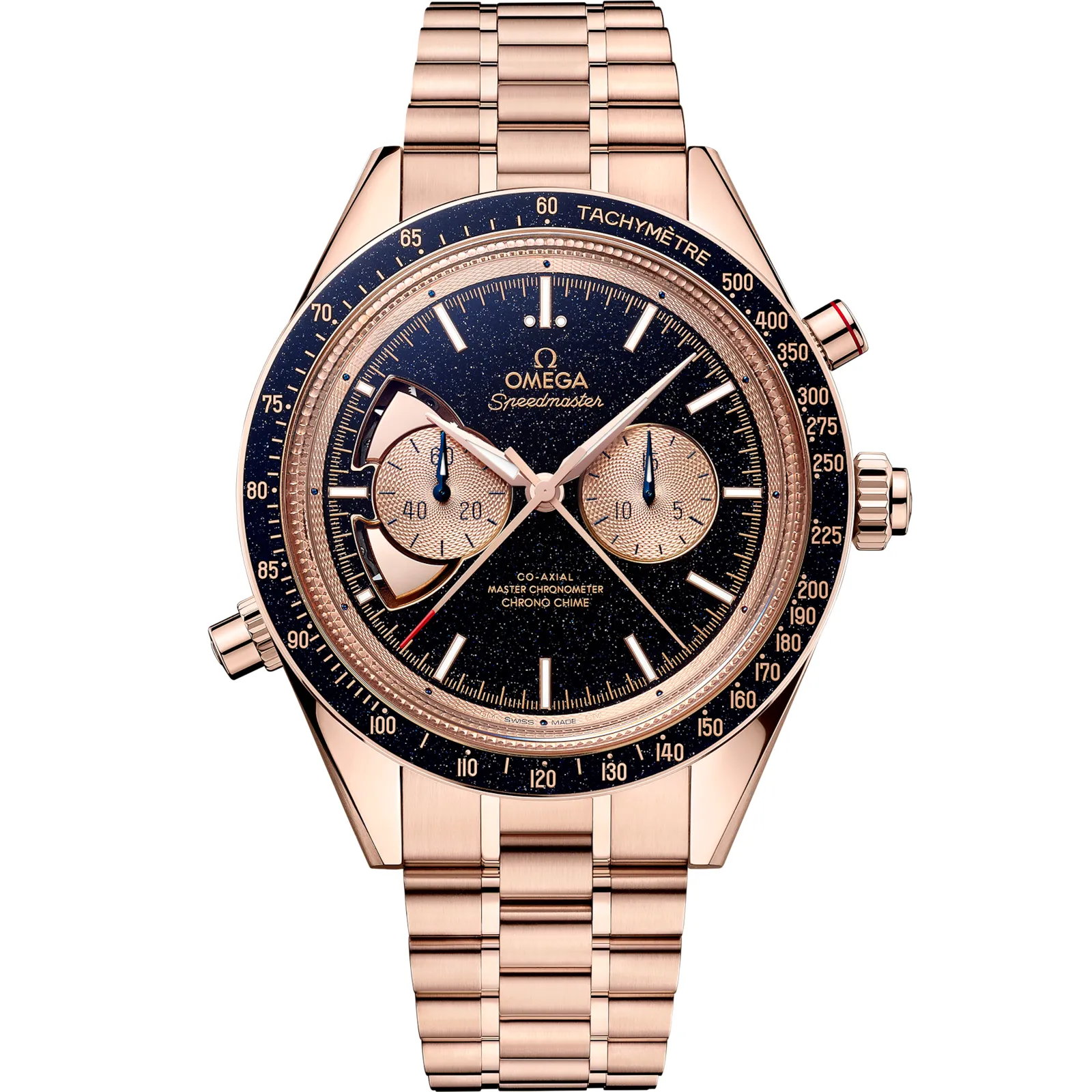 Omega Speedmaster Chrono Chime Co-Axial Master Chronometer Chronograph, reference 522.50.45.52.03.001, blue dial, rose gold case