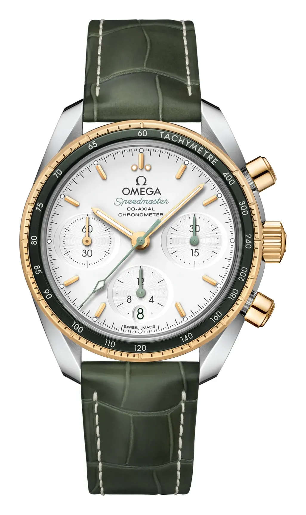 Omega Speedmaster Co-Axial 38 324.23.38.50, reference 324.23.38.50.02.001, silver dial, stainless steel and yellow gold case