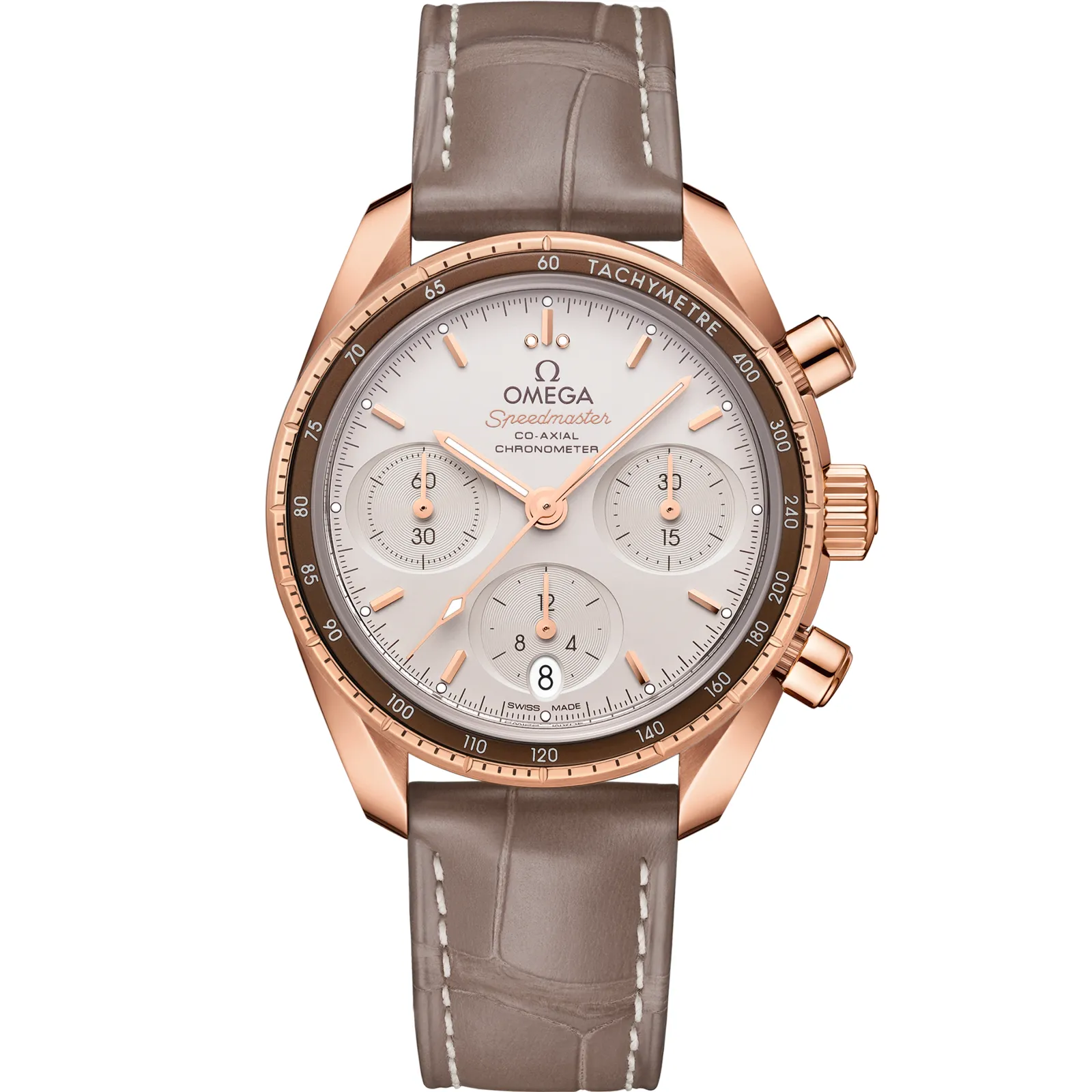 Omega Speedmaster Co-Axial 38 324.63.38.50, reference 324.63.38.50.02.003, silver dial, rose gold case