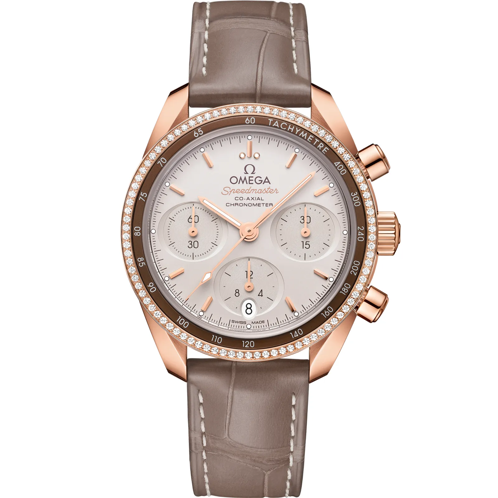 Omega Speedmaster Co-Axial 38 324.68.38.50, reference 324.68.38.50.02.003, silver dial, rose gold case
