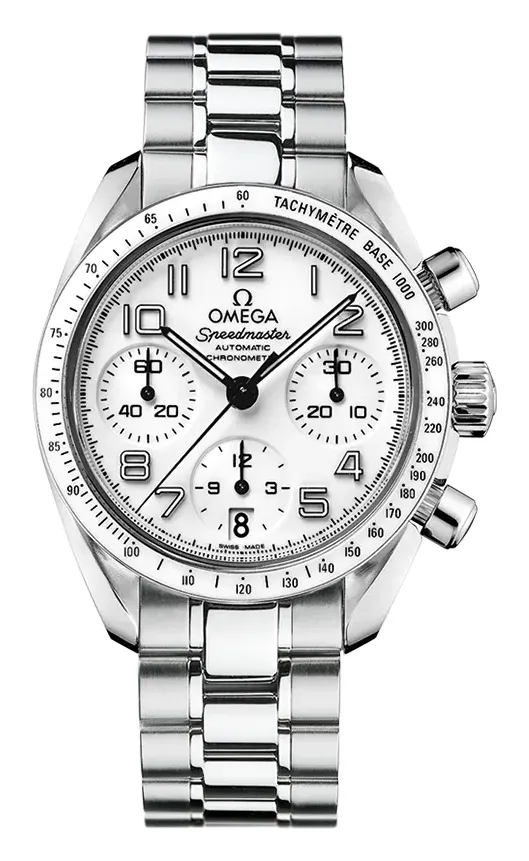 Omega Speedmaster Date 38 324.30.38.40, reference 324.30.38.40.04.001, white dial, stainless steel case