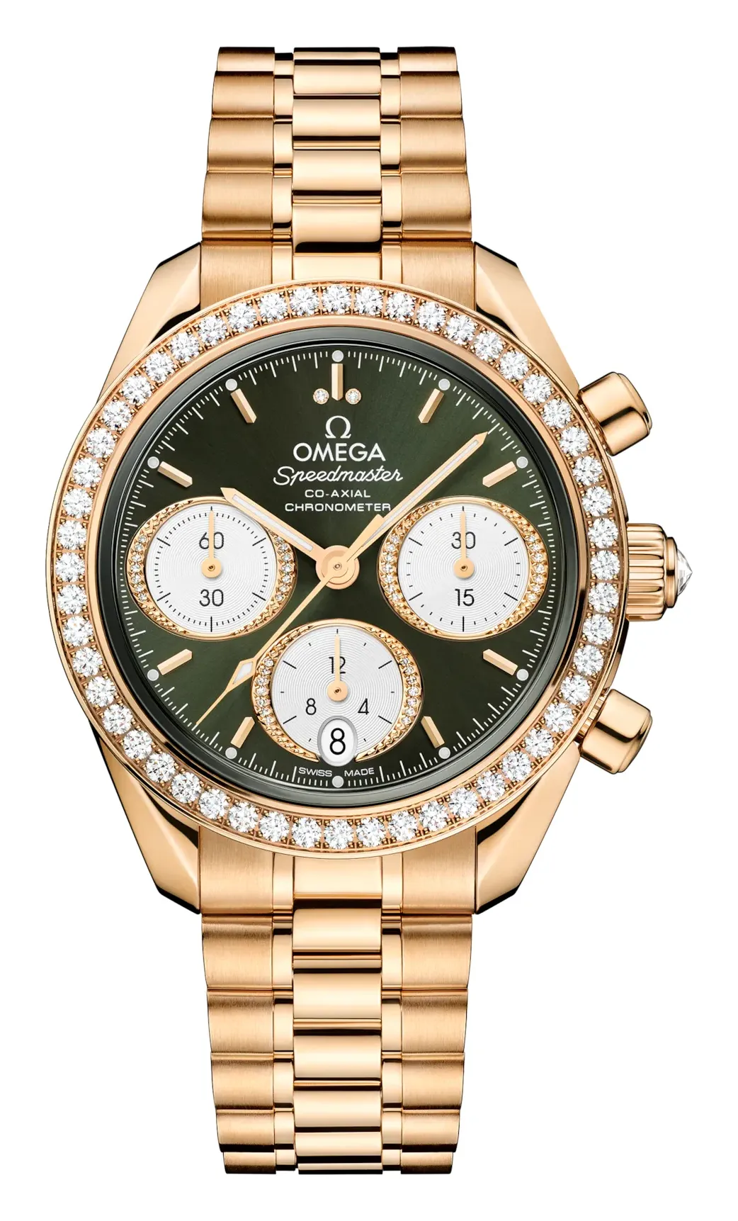 Omega Speedmaster Date 38 Sedna 324.55.38.50, reference 324.55.38.50.60.001, green dial, yellow gold case