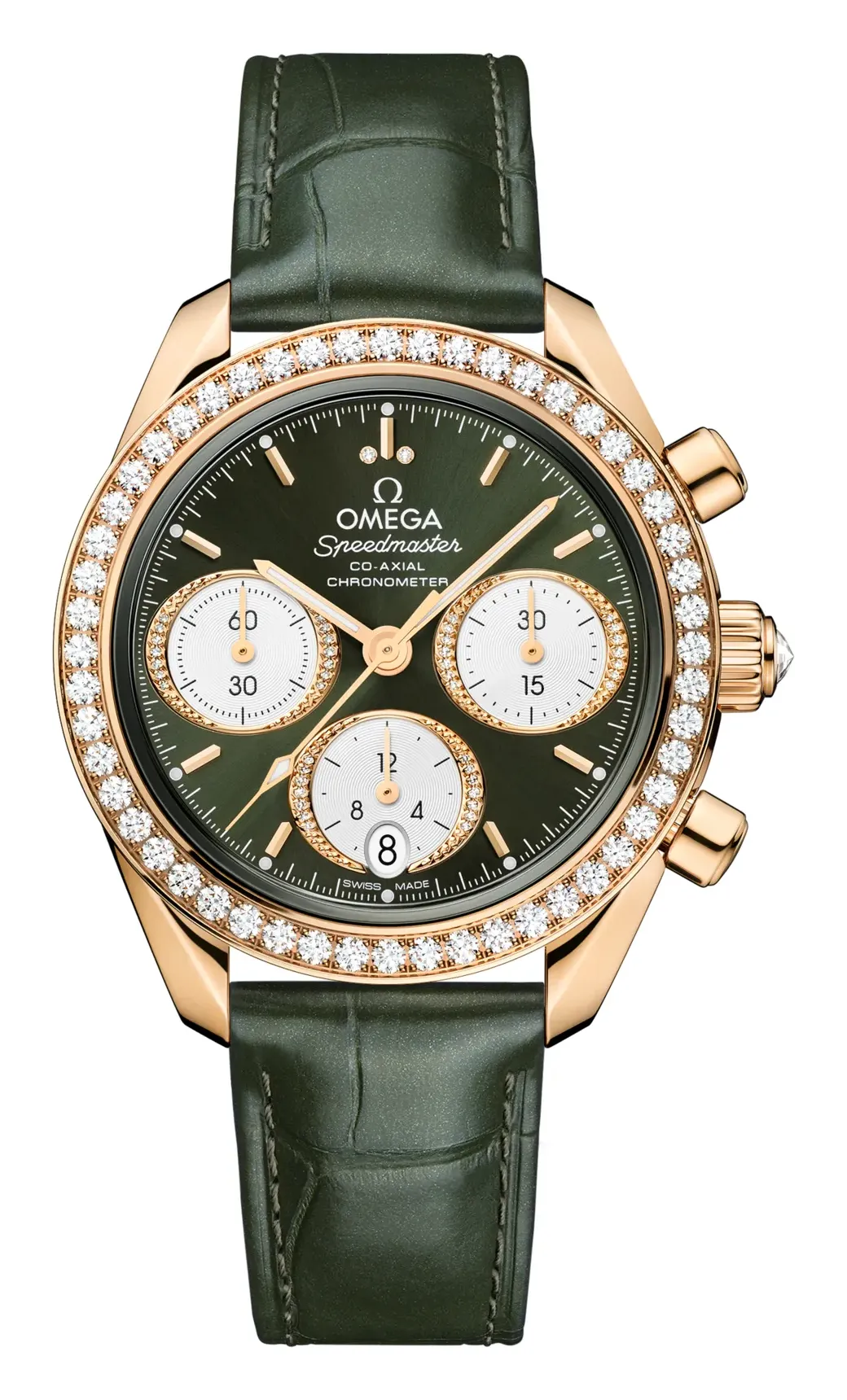 Omega Speedmaster Date 38 Sedna 324.58.38.50, reference 324.58.38.50.60.001, green dial, yellow gold case