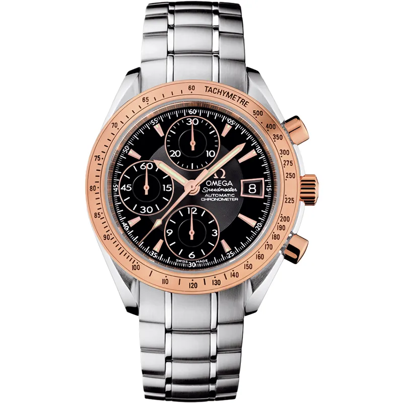 Omega Speedmaster Date 40 323.21.40.40, reference 323.21.40.40.01.001, black dial, stainless steel and rose gold case
