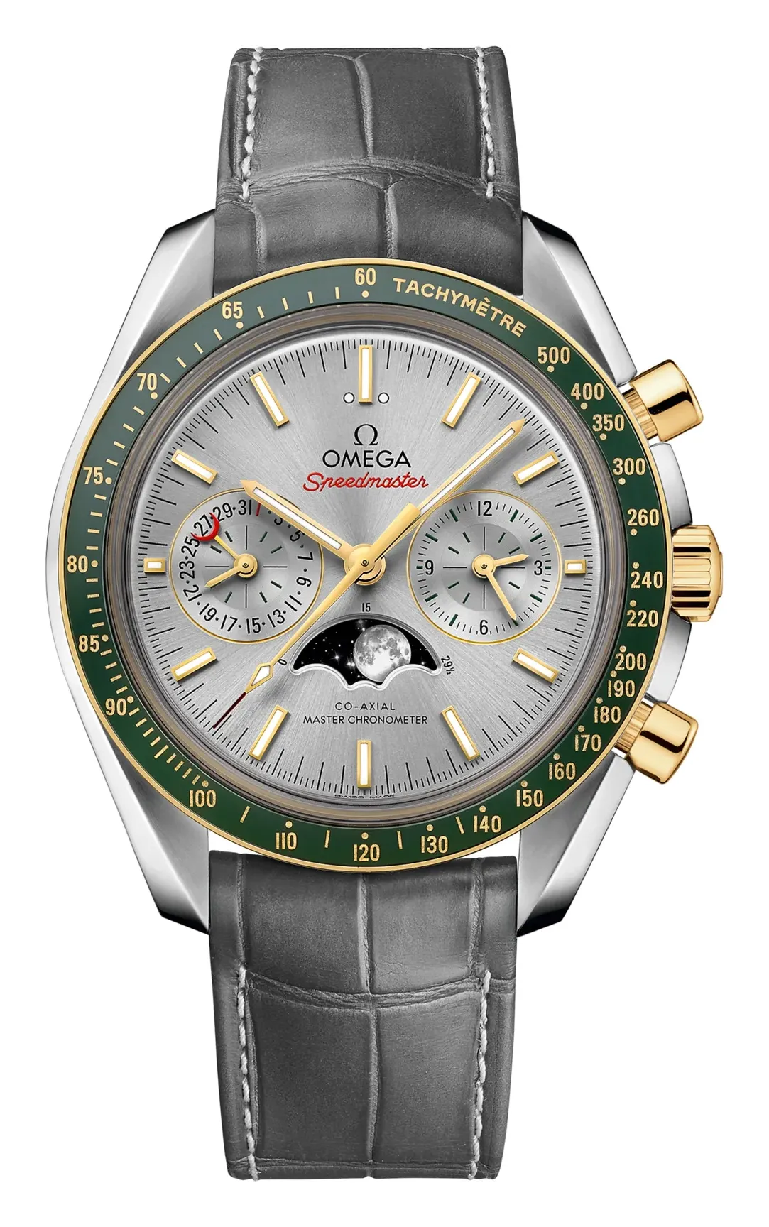 Omega Speedmaster Moonphase Chronograph Master Chronometer 304.23.44.52, reference 304.23.44.52.06.001, grey dial, stainless steel and yellow gold case