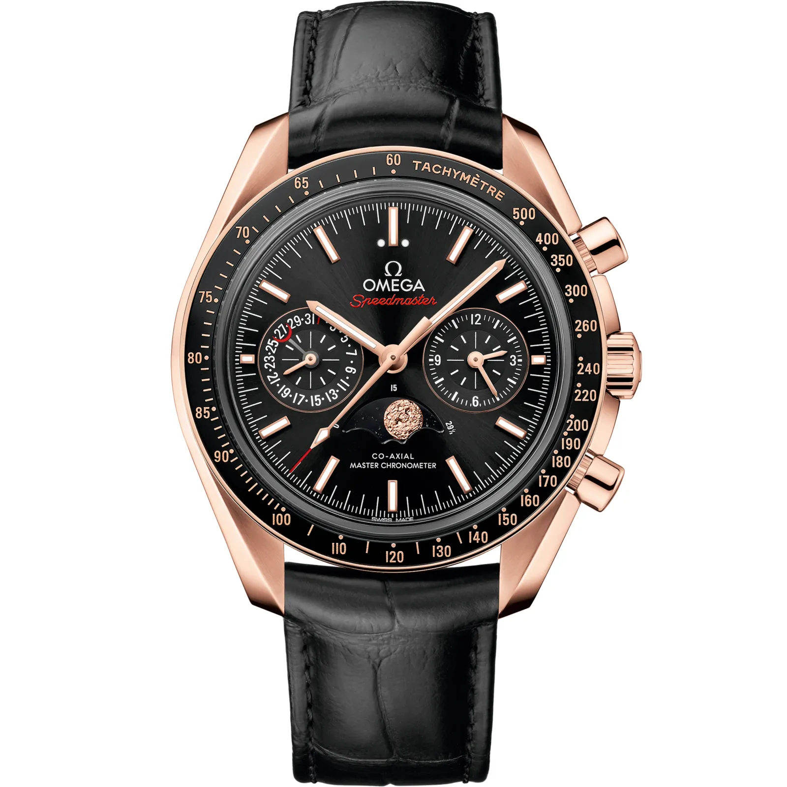 Omega Speedmaster Moonphase Chronograph Master Chronometer 304.63.44.52, reference 304.63.44.52.01.001, black dial, rose gold case