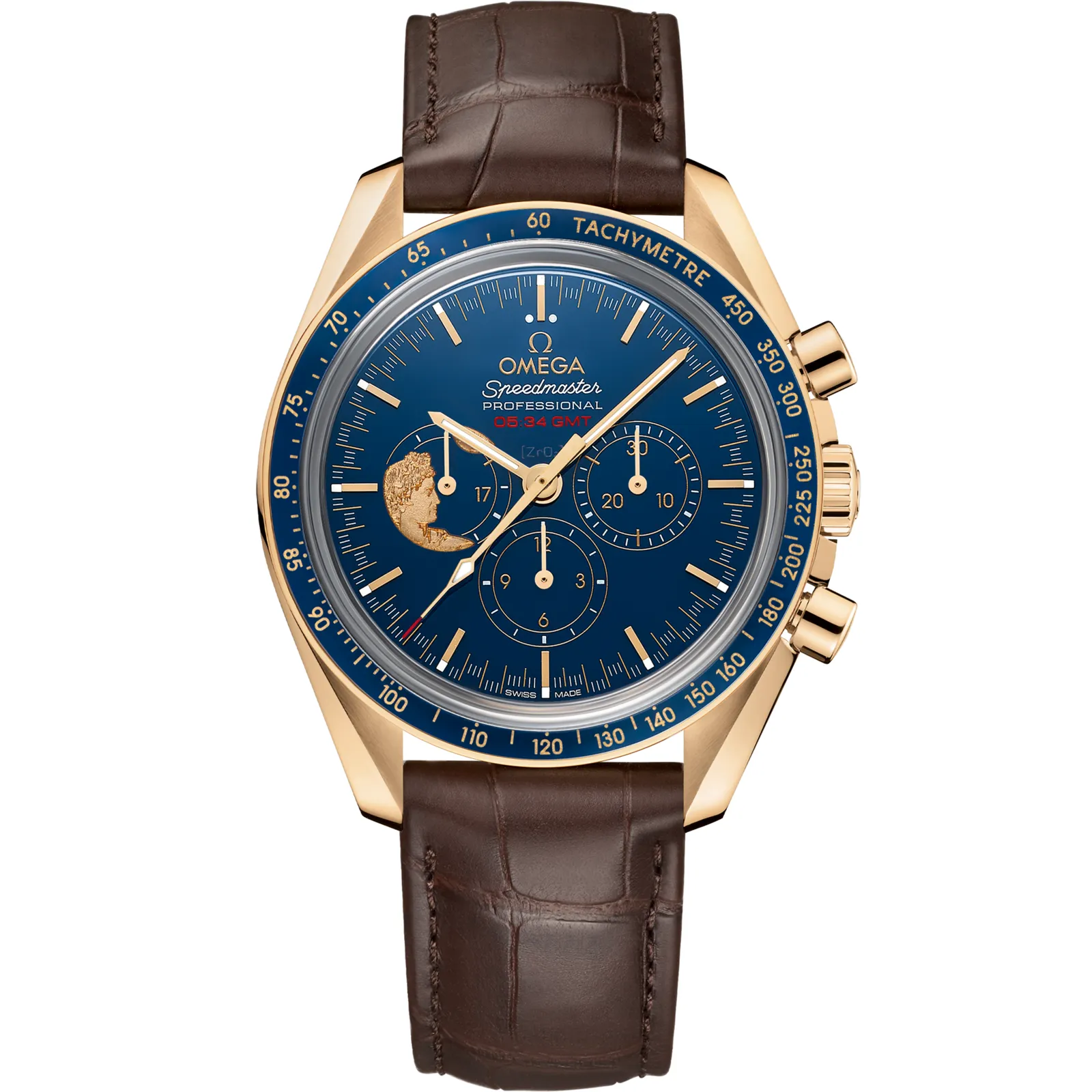Omega Speedmaster Professional Moonwatch Apollo XVII 45th Anniversary, reference 311.63.42.30.03.001, blue dial, yellow gold case