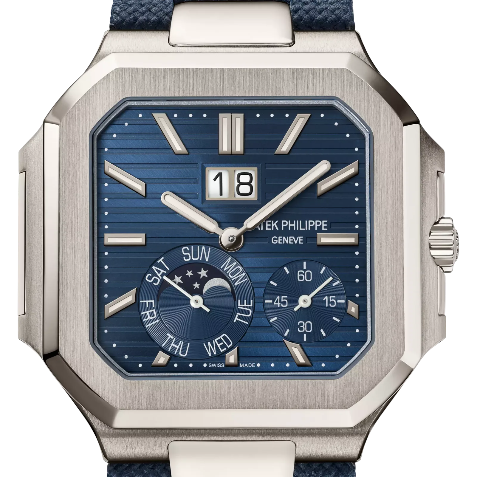 Patek Philippe Instantaneous Grand Date, Day And Moon Phases, reference 5822P-001, blue dial, platinum case