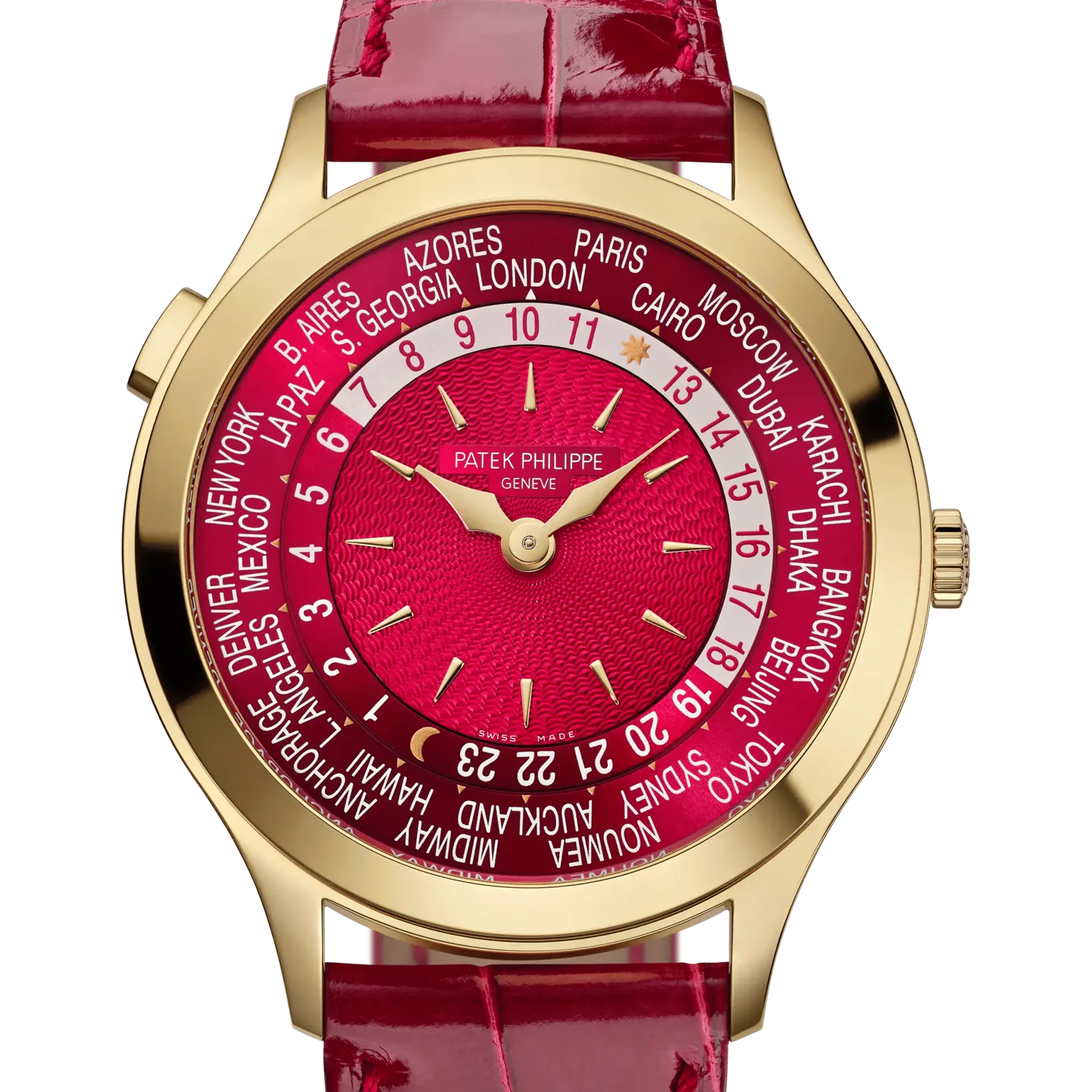 Patek Philippe World Time 7129J, reference 7129J-001, red dial, yellow gold case