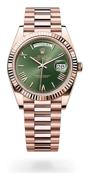 Rolex Day-Date, reference 228235-0025, green dial, rose gold case