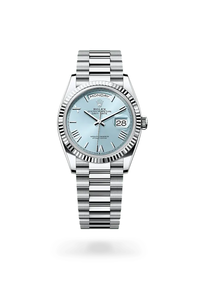 Rolex Day-Date 36 128236, reference 128236-0018, blue dial, platinum case