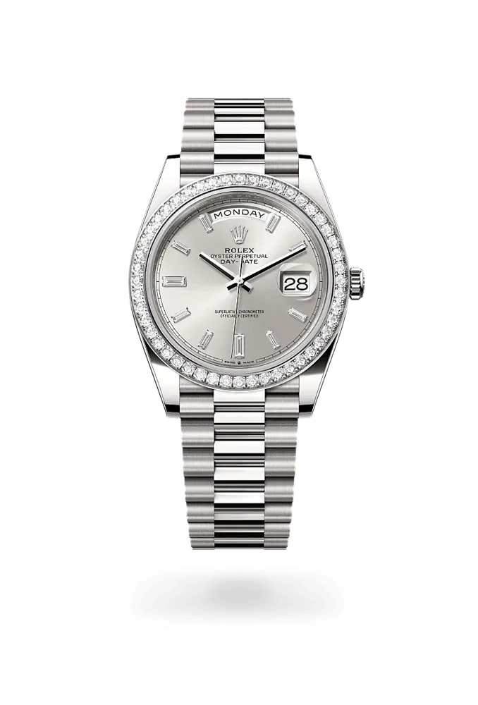 Rolex Day-Date 40 228349RBR, reference 228349RBR-0001, silver dial, white gold case