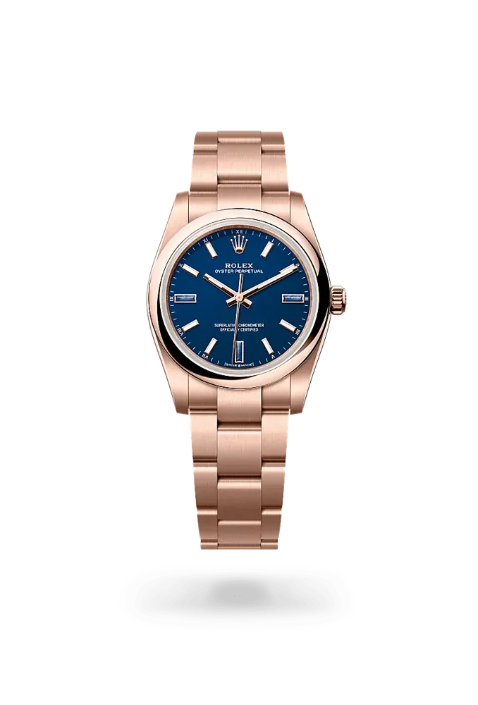 Rolex Oyster Perpetual 34 124205, reference 124205-0002, blue dial, rose gold case