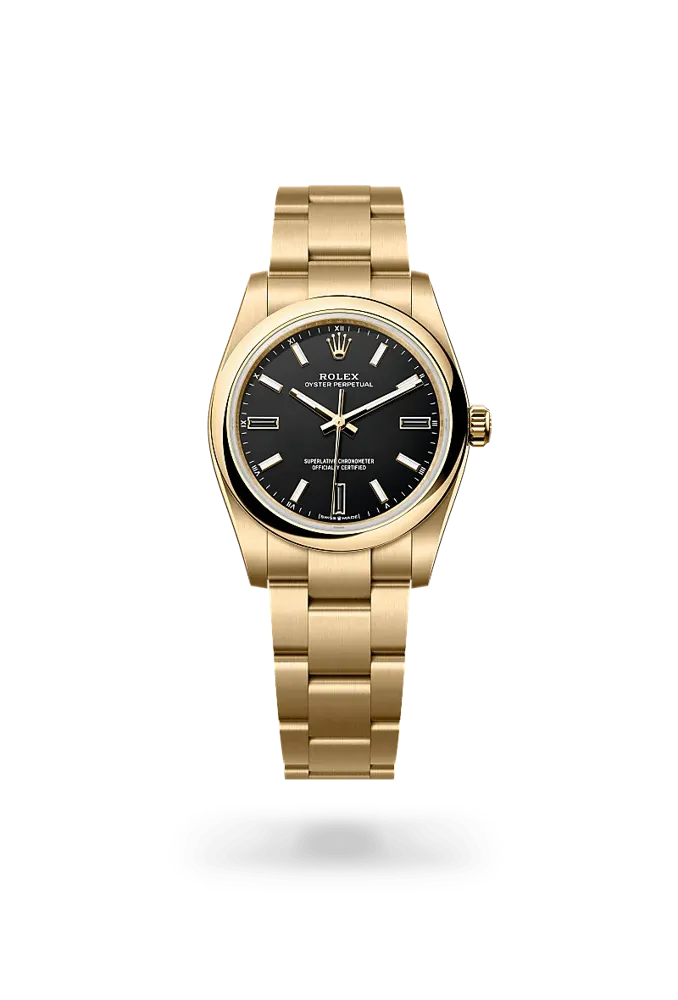 Rolex Oyster Perpetual 34 124208, reference 124208-0001, black dial, yellow gold case