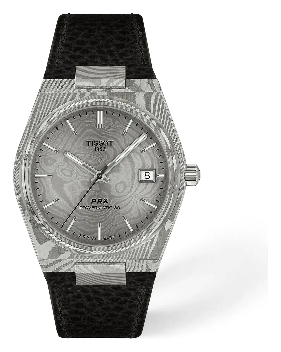 Tissot PRX Damascus Steel 38mm, reference T1378079608100, grey dial, damascus steel case